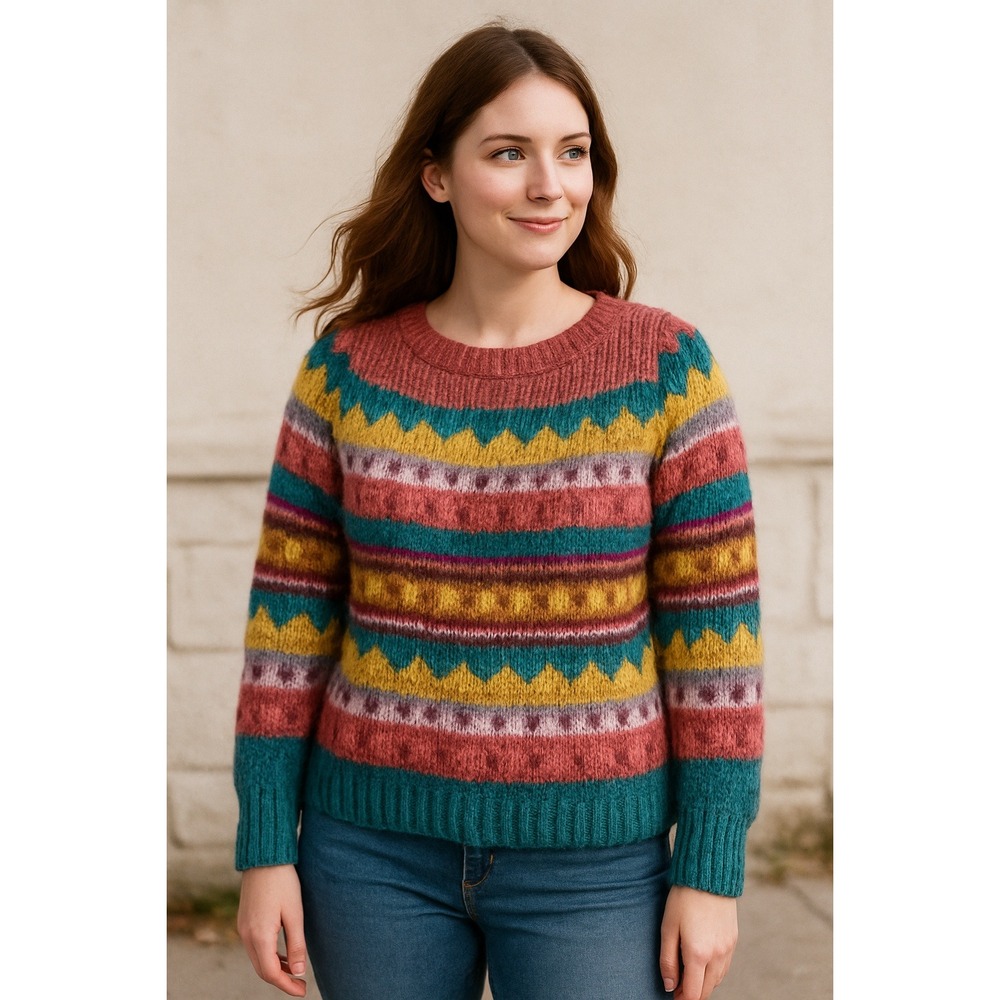 Vintage Bobble Sweater Large Colorful Fair Isle Multicolor Knit Pullover Cottage